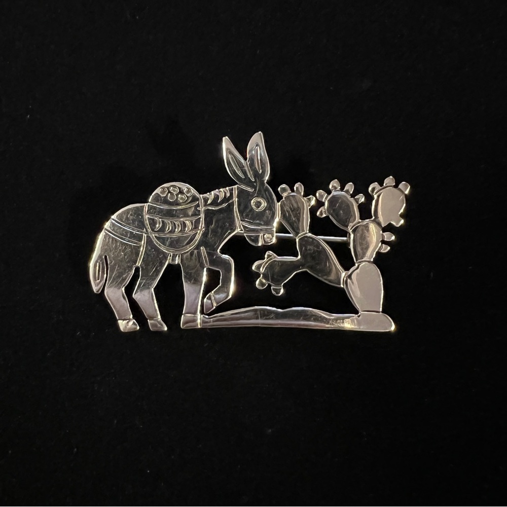 Sterling Silver Taxco Donkey and Cactus Brooch Mexico Gift Burro Cute Pin Animal